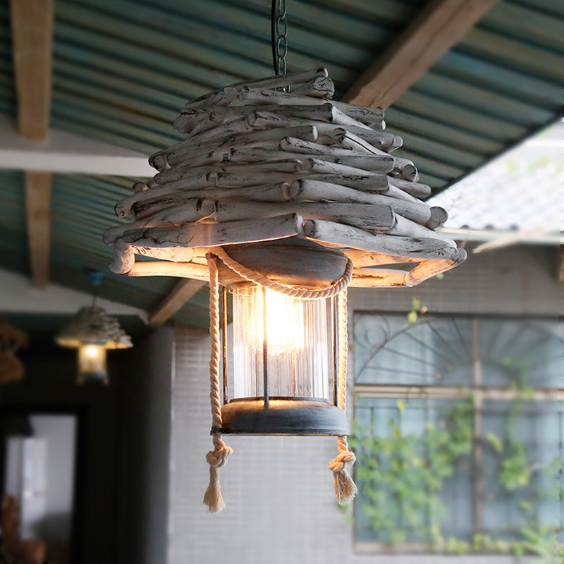 Vintage Wood Lantern Pendant Light - White Ceiling Lamp For Foyer