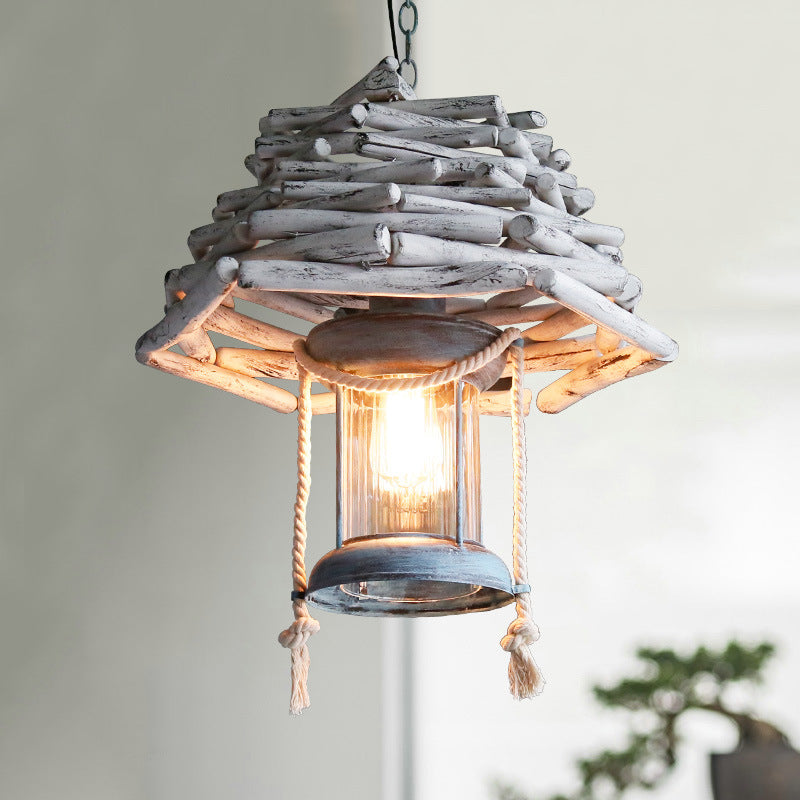 Vintage Wood Lantern Pendant Light - 1-Light Hanging Ceiling Lamp for Foyer - White
