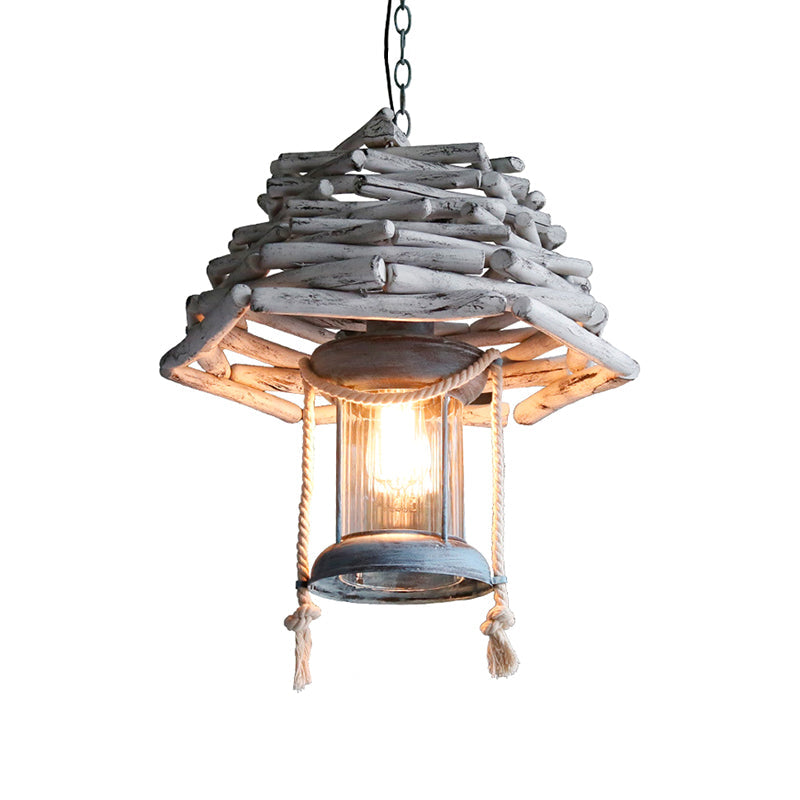 Vintage Wood Lantern Pendant Light - White Ceiling Lamp For Foyer
