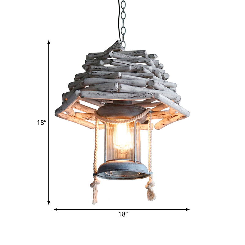 Vintage Wood Lantern Pendant Light - White Ceiling Lamp For Foyer