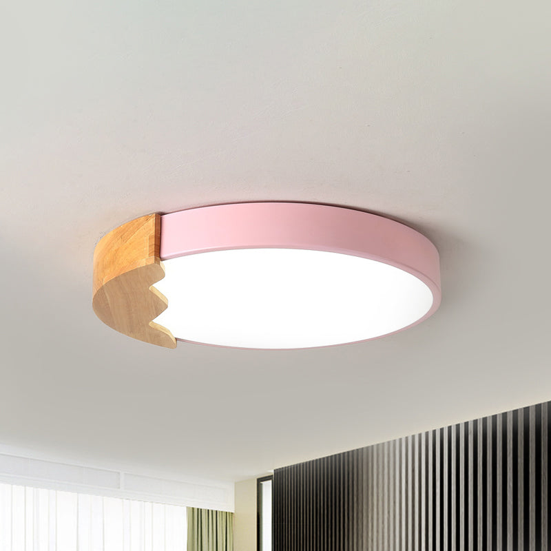 Macaroon Pink Metal LED Flush Mount Ceiling Lamp - Circle Close, Warm/White Light, 12"/16"/19.5" W