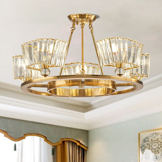 Contemporary Gold Semi Flush Ceiling Fixture with Clear Glass Shade - 5 Bulbs, Ring Design