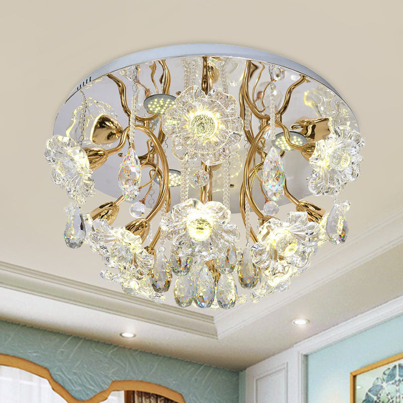 Lampe à LED encastrable dorée avec abat-jour floral traditionnel en cristal transparent et accents de gouttelettes