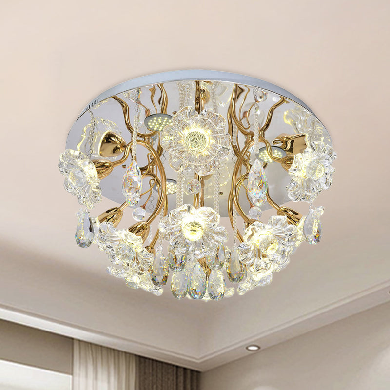 Lampe à LED encastrable dorée avec abat-jour floral traditionnel en cristal transparent et accents de gouttelettes