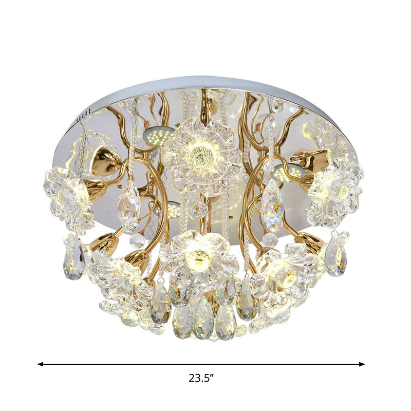 Lampe à LED encastrable dorée avec abat-jour floral traditionnel en cristal transparent et accents de gouttelettes