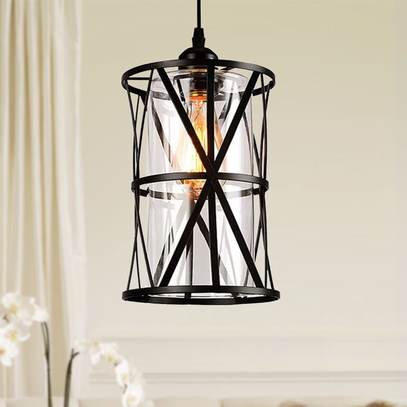 Suspension cylindrique en verre noir avec cadre en fer industriel