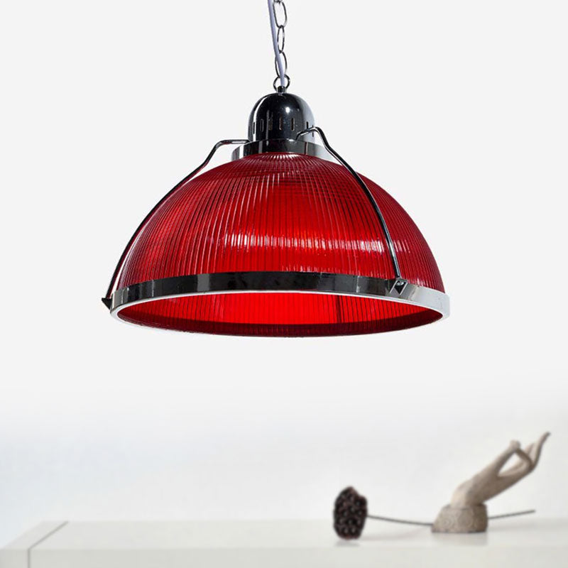 Lampe à suspension industrielle à dôme côtelé en blanc/rouge/jaune - Acrylique et métal