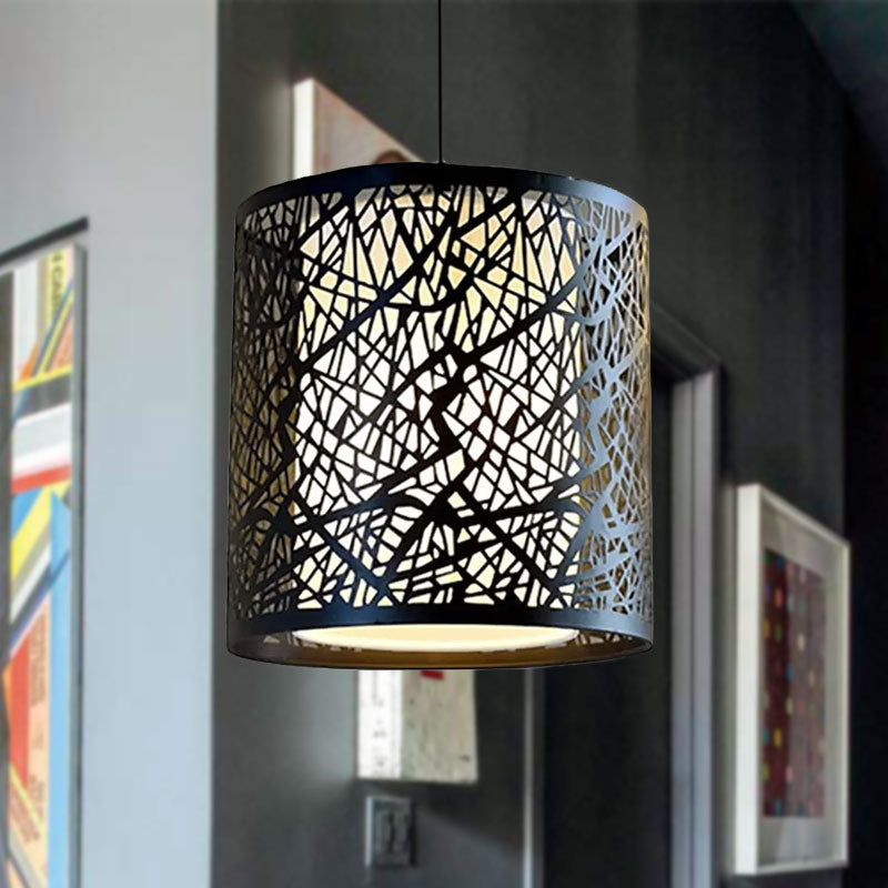 Industrial Metal Pendant Light with Inner White Shade in Black