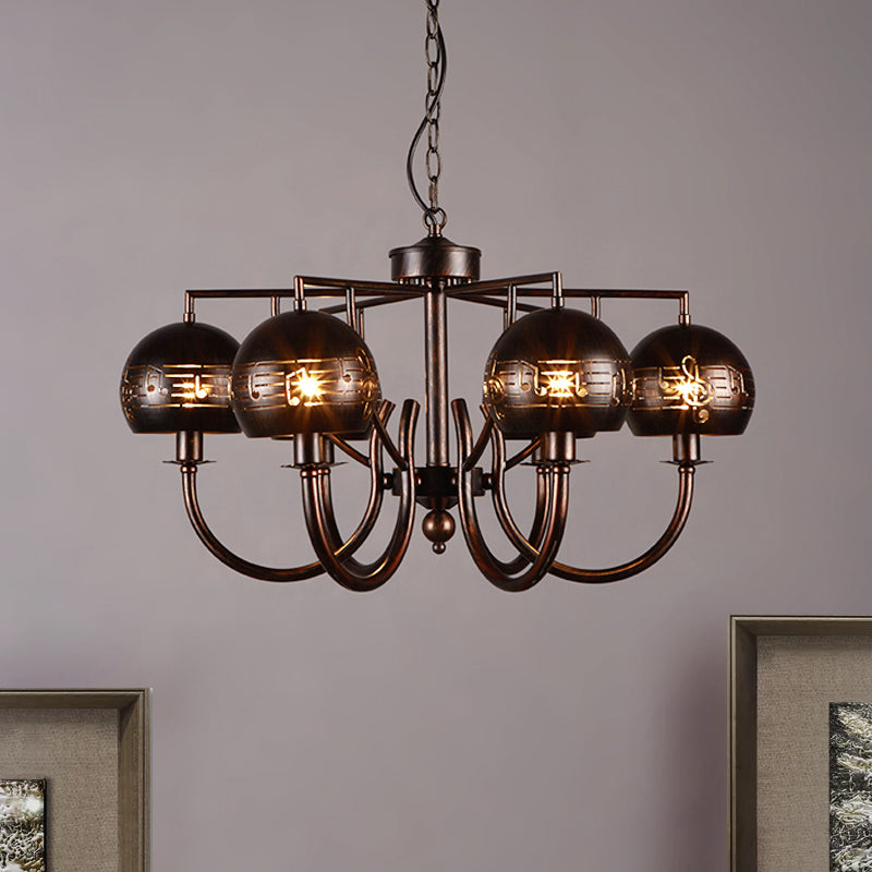 Retro 6-Light Rust Pendant Chandelier with Musical Note Metal – Ideal for Restaurants