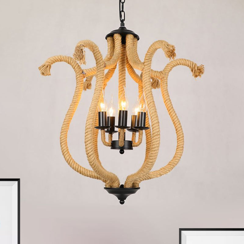 Vintage Brown 5-Head Roped Cage Chandelier With Flower Shade - Ideal For Restaurants