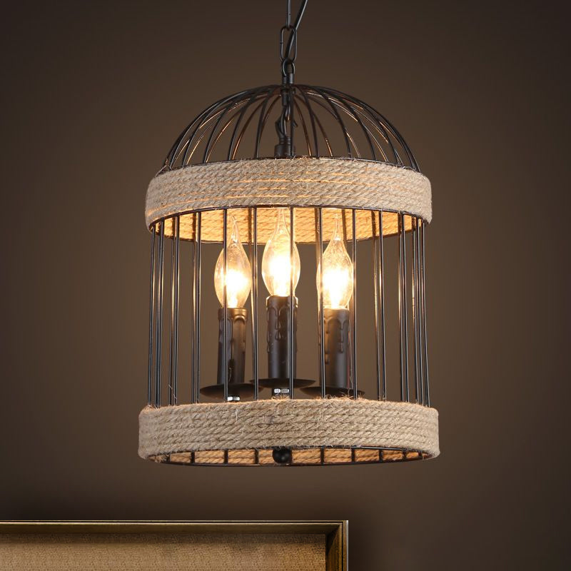 Plafonnier cage à oiseaux vintage noir avec chaîne – Lampe suspendue en métal et corde pour salle à manger