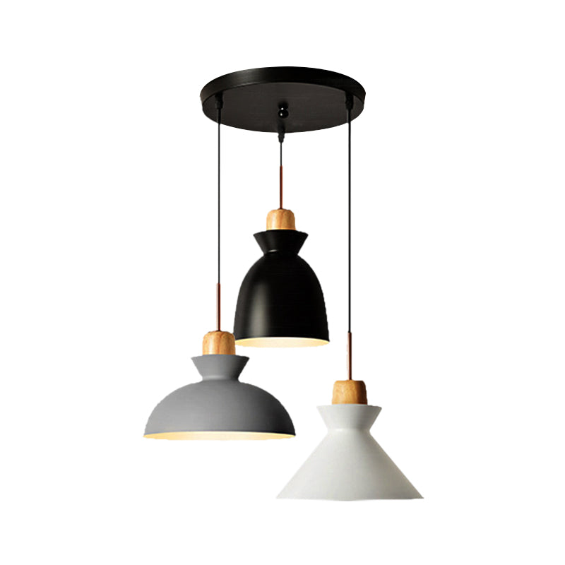 Nordic Style Pendant Lighting: 3-Bulb Metal and Wood Indoor Ceiling Light Fixture in Black