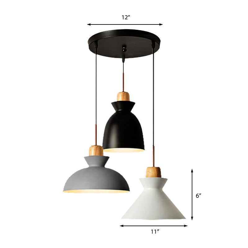 Nordic Style Pendant Lighting: 3-Bulb Metal and Wood Indoor Ceiling Light Fixture in Black