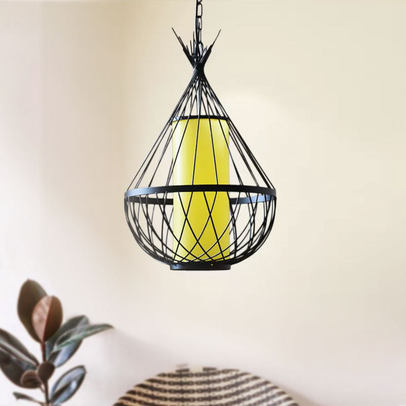 Vintage Style Black Metal Water Drop Pendant Light With Wire Frame And Chain