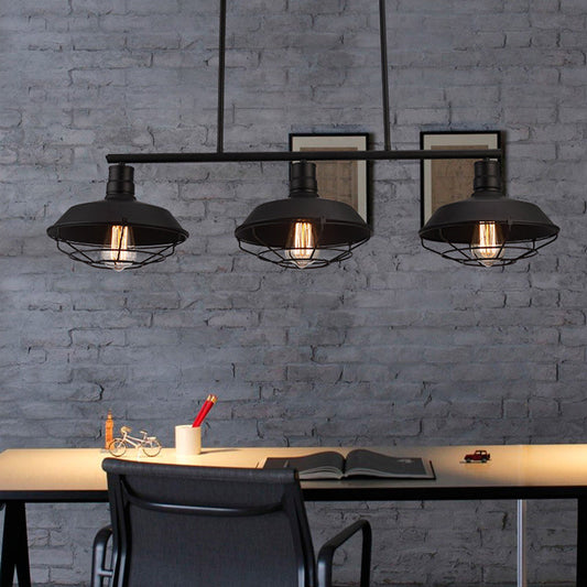 Barn Shade Metal Cage Island Light: Industrial 3-Head Hanging Light For Study Room In Black