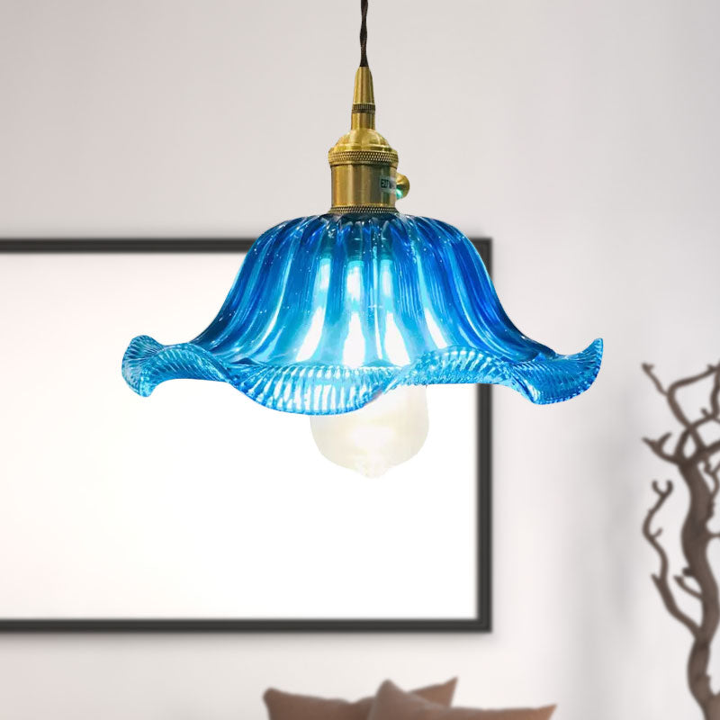 Plafonnier suspendu festonné industriel - Luminaire suspendu en verre bleu à 1 ampoule, 12 po de large
