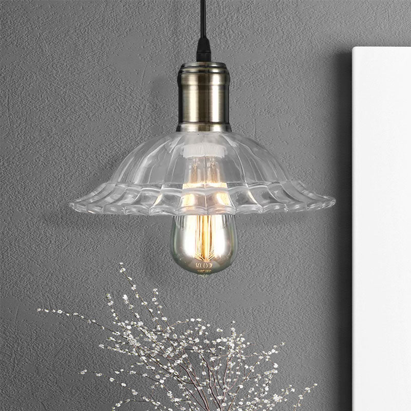 Plafonnier suspendu avec abat-jour en verre côtelé festonné - Luminaire suspendu industriel pour salon - Transparent