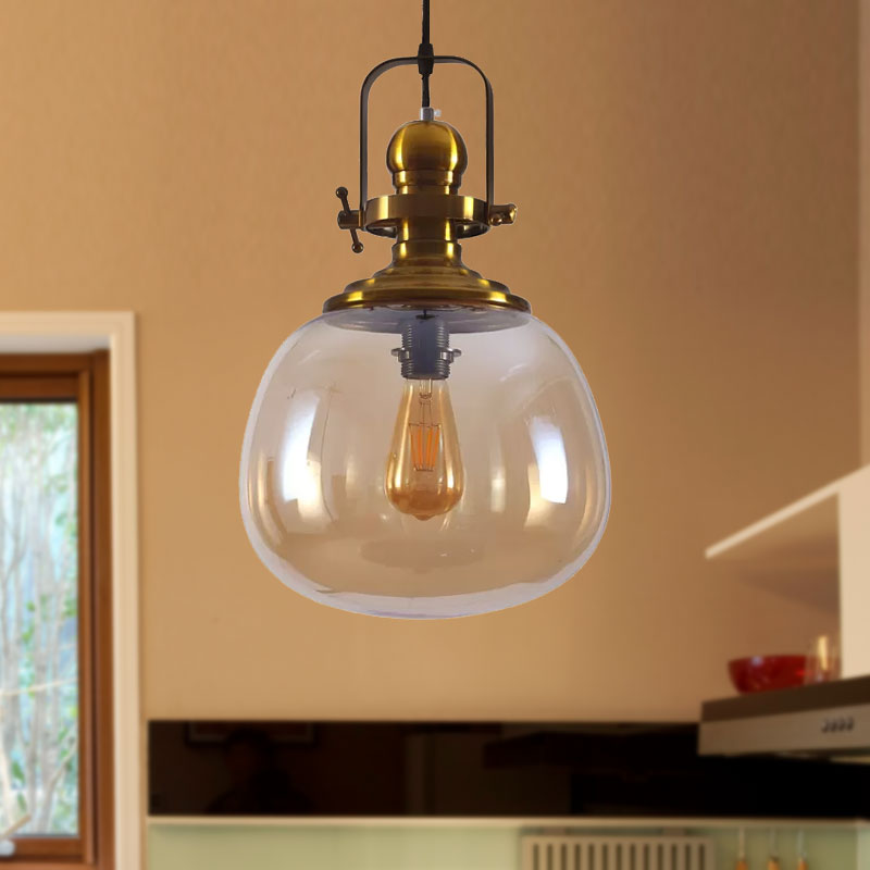 Lampe suspendue moderne en laiton antique et verre ambré pour salon - Lampe de plafond ronde à 1 lumière