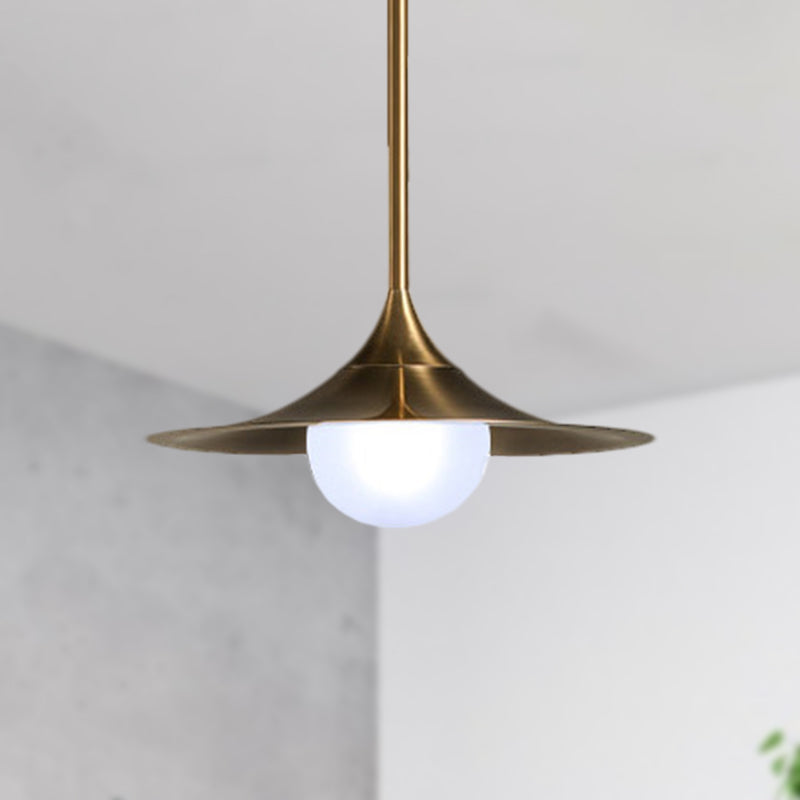Mid Century Brass Finish Flared Ceiling Light - Frosted Glass Shade - 1 Light Hallway Pendant