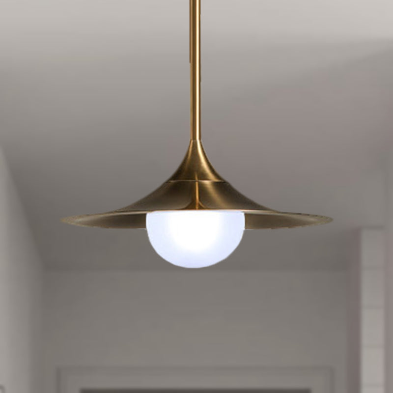 Mid Century Brass Finish Flared Ceiling Light - Frosted Glass Shade - 1 Light Hallway Pendant