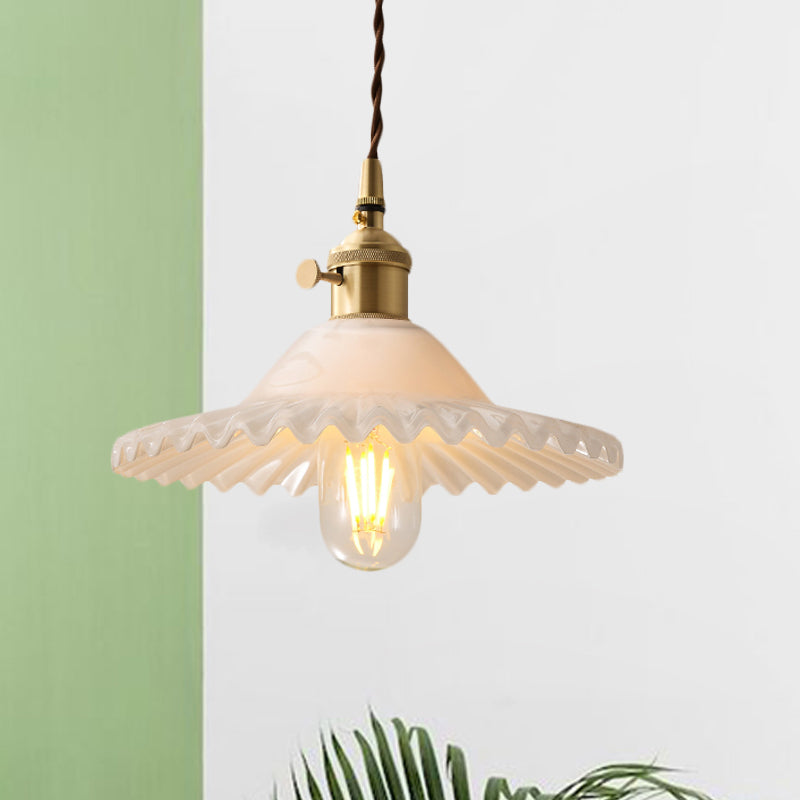 Chloe – Scalloped Pendant Light in Brass and White Glass