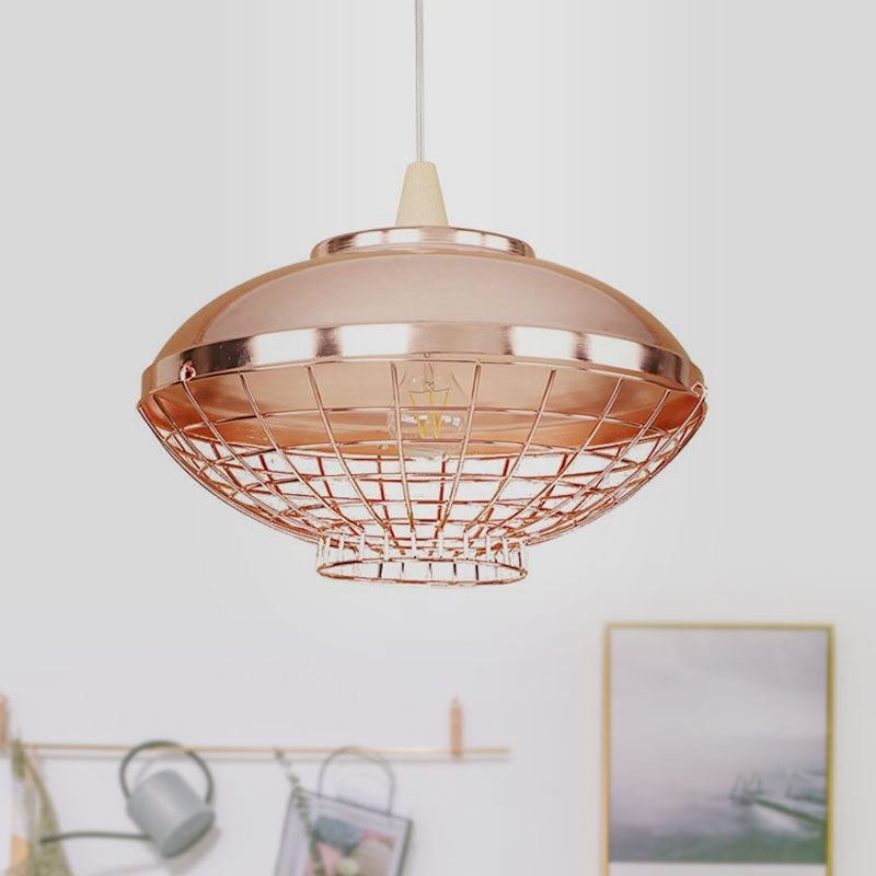 Vintage Rose Gold Pendant Light with Wire Cage - Metallic Shade for Living Room Ceiling
