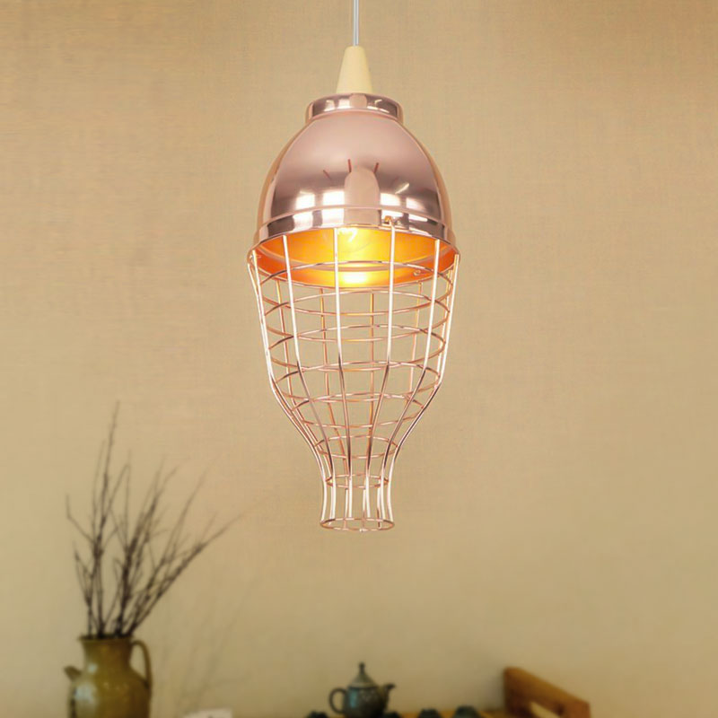 Vintage Metallic Pendant Light - Rose Gold Bowl/Globe/Bottle Shade With Wire Cage For Living Room