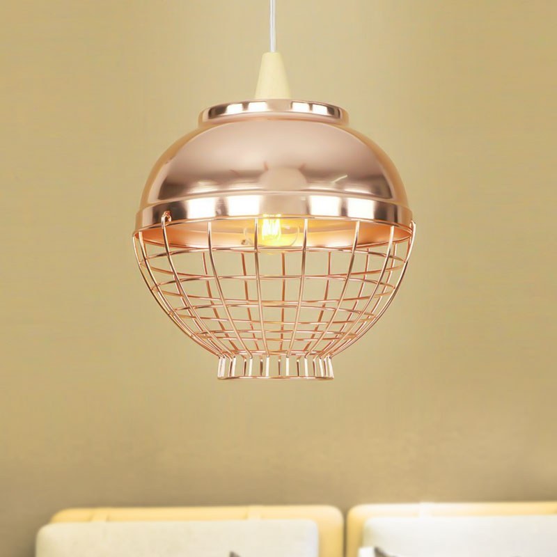 Vintage Metallic Pendant Light - Rose Gold Bowl/Globe/Bottle Shade With Wire Cage For Living Room