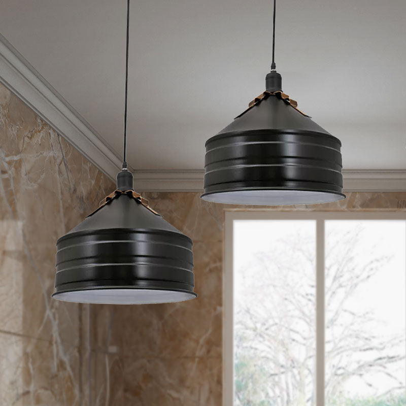 Industrial Metal Ceiling Hanging Lamp With Black Drum Shade - 1-Light Bedroom Pendant Light