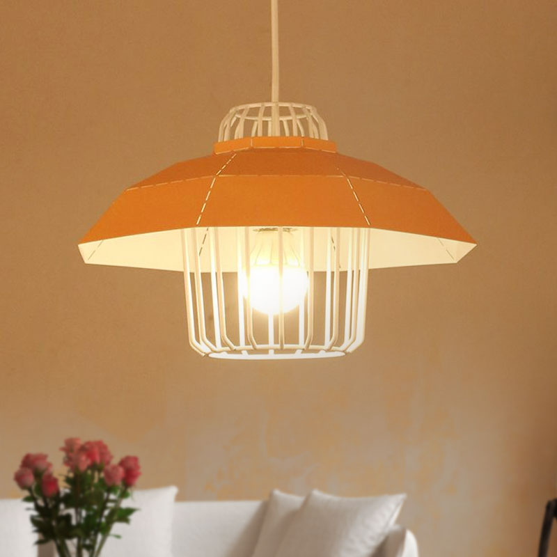 Macaron Style Drum/Bowl Pendant Light in Blue/Orange for Dining Table - Sleek Metallic Hanging Lamp with 1 Light