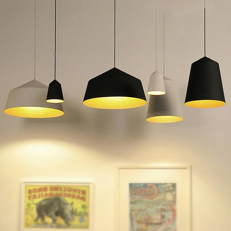 Retro Tapered Shade Pendant Light, Metallic Hanging Ceiling Light (6"/10.5"/12.5" Width) - Black/White