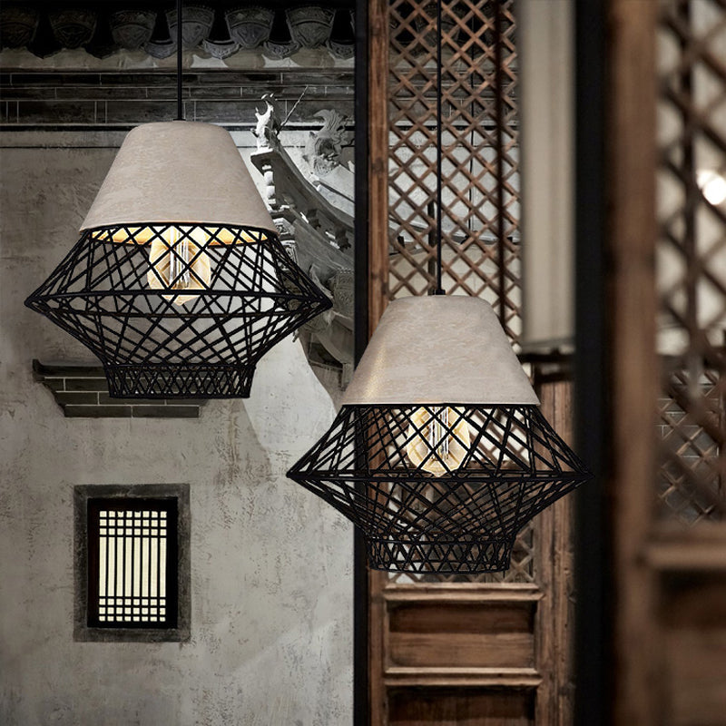 Vintage Geometric Pendant Light Fixture With Cage Shade - Black/Gold Suspension For Dining Room