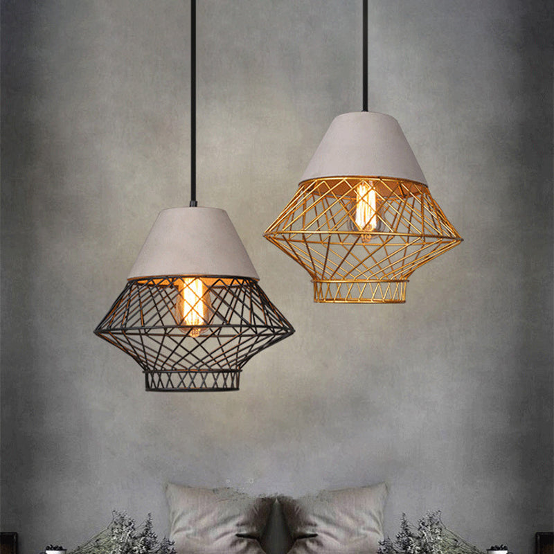 Vintage Geometric Pendant Light Fixture With Cage Shade - Black/Gold Suspension For Dining Room
