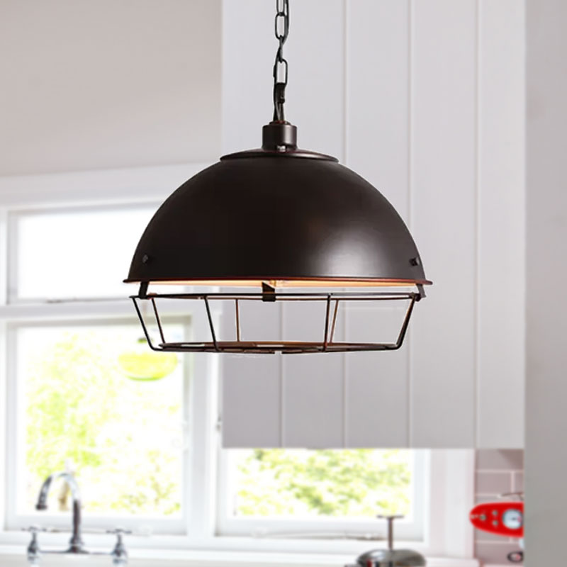 Vintage Dome Pendant Lamp - 1 Head Iron Hanging Light Fixture in Black/Silver for Dining Room