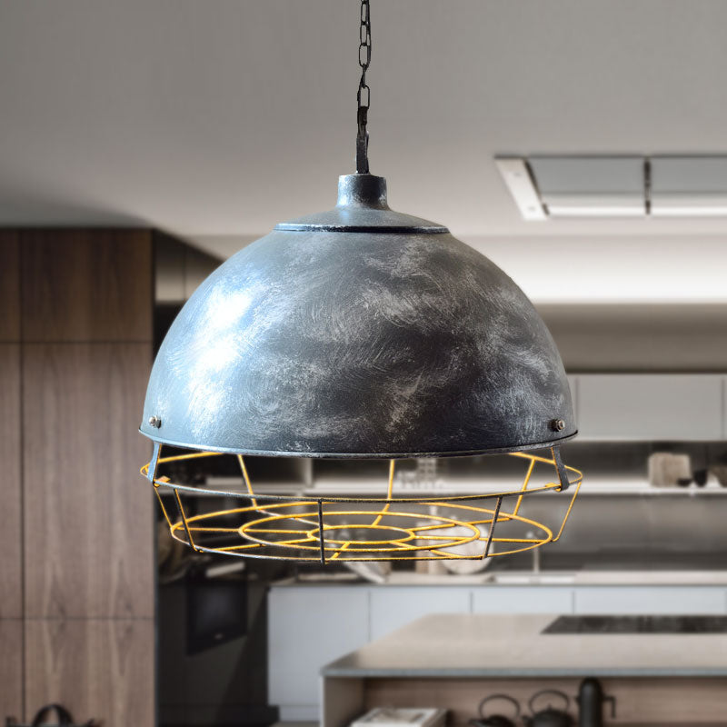 Vintage Dome Pendant Lamp - 1 Head Iron Hanging Light Fixture in Black/Silver for Dining Room
