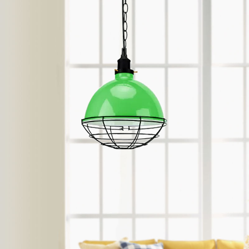Retro Industrial Metal Pendant Light - Bowl Shade, 1 Bulb - Black/White/Red - Indoor Ceiling Light with Wire Guard and Chain