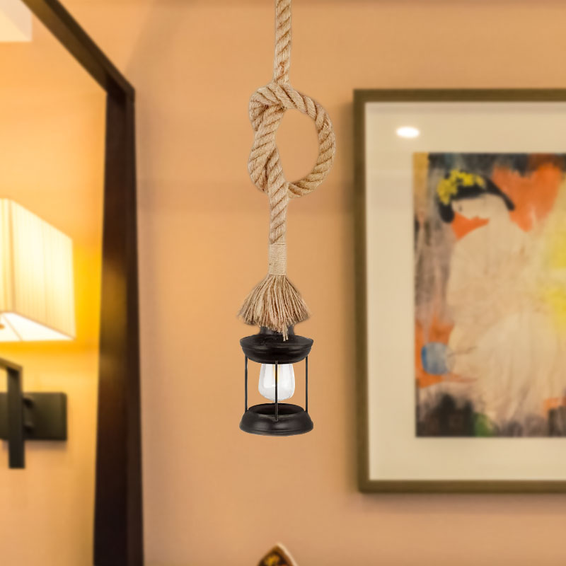Iron Lantern Shade Pendant Light with Adjustable Rope - Lodge Style 1-Light Suspended Light in Black for Living Rooms