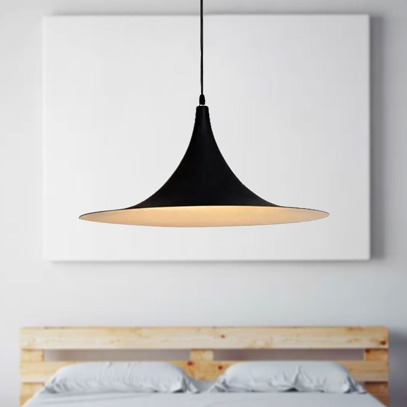 Contemporary Hanging Ceiling Light with Flared Shade - Metallic Pendant Lighting for Bedroom in White/Black