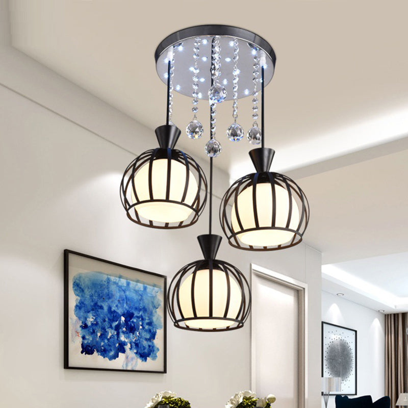 Retro Stylish Domed Cage Hanging Lamp - 3 Metal Pendant Lights with Clear Crystal Ball Deco in Black/White Finish