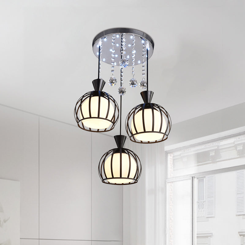 Retro Stylish Domed Cage Hanging Lamp - 3 Metal Pendant Lights with Clear Crystal Ball Deco in Black/White Finish