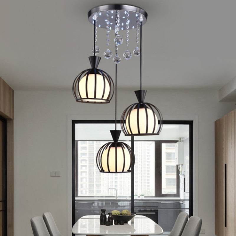 Retro Stylish Domed Cage Hanging Lamp - 3 Metal Pendant Lights with Clear Crystal Ball Deco in Black/White Finish