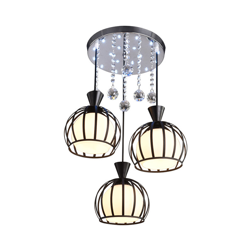 Retro Stylish Domed Cage Hanging Lamp - 3 Metal Pendant Lights with Clear Crystal Ball Deco in Black/White Finish