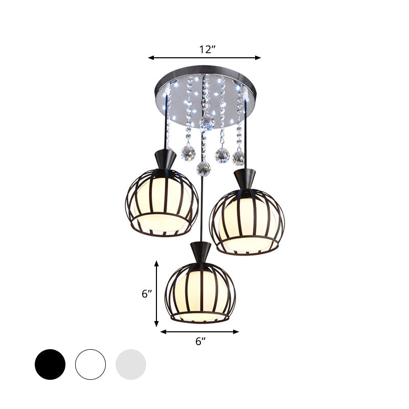 Retro Stylish Domed Cage Hanging Lamp - 3 Metal Pendant Lights with Clear Crystal Ball Deco in Black/White Finish