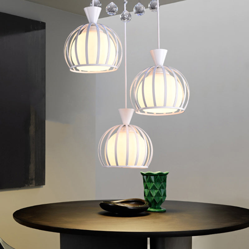 Retro Stylish Domed Cage Hanging Lamp - 3 Metal Pendant Lights with Clear Crystal Ball Deco in Black/White Finish