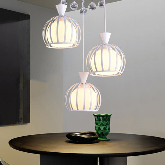 Retro Stylish Domed Cage Hanging Lamp - 3 Metal Pendant Lights with Clear Crystal Ball Deco in Black/White Finish