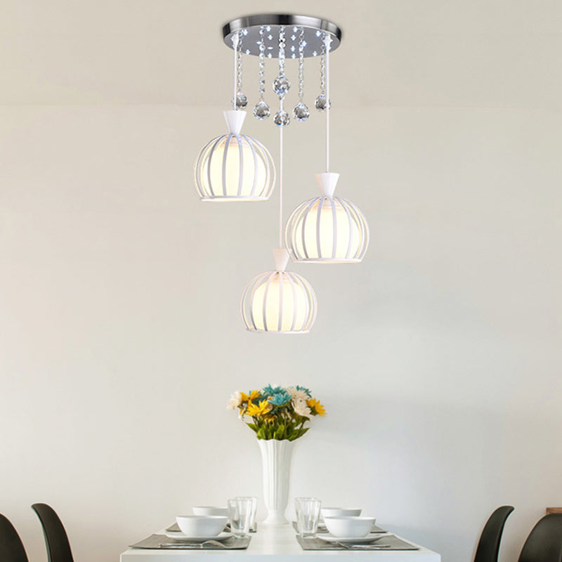 Retro Stylish Domed Cage Hanging Lamp - 3 Metal Pendant Lights with Clear Crystal Ball Deco in Black/White Finish