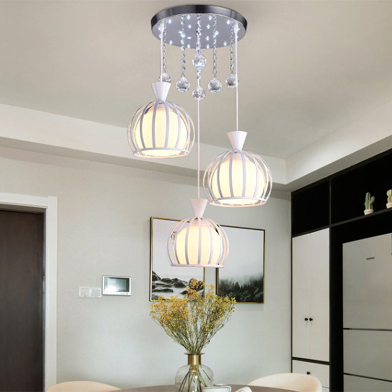 Retro Stylish Domed Cage Hanging Lamp - 3 Metal Pendant Lights with Clear Crystal Ball Deco in Black/White Finish