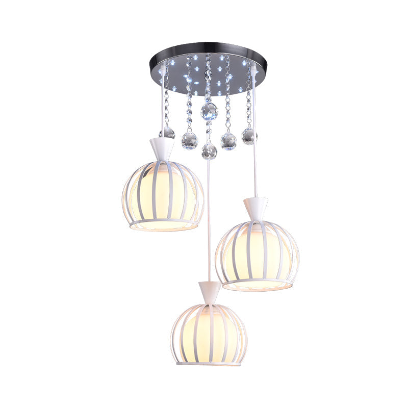 Retro Stylish Domed Cage Hanging Lamp - 3 Metal Pendant Lights with Clear Crystal Ball Deco in Black/White Finish