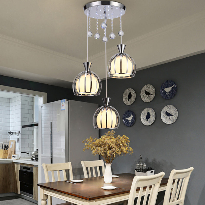 Retro Stylish Domed Cage Hanging Lamp - 3 Metal Pendant Lights with Clear Crystal Ball Deco in Black/White Finish