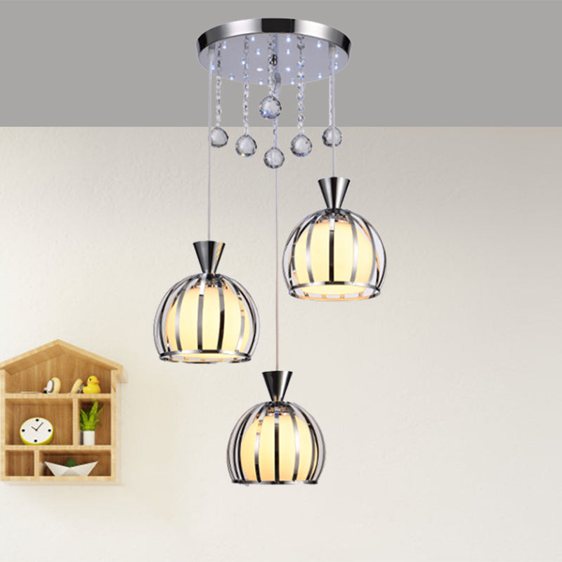 Retro Stylish Domed Cage Hanging Lamp - 3 Metal Pendant Lights with Clear Crystal Ball Deco in Black/White Finish